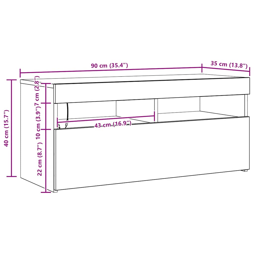 TV ormarić s LED svjetlima boja sivog hrasta sonome 90x35x40 cm