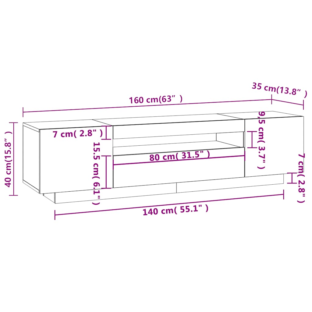 TV ormarić s LED svjetlima boja dimljenog hrasta 160x35x40 cm
