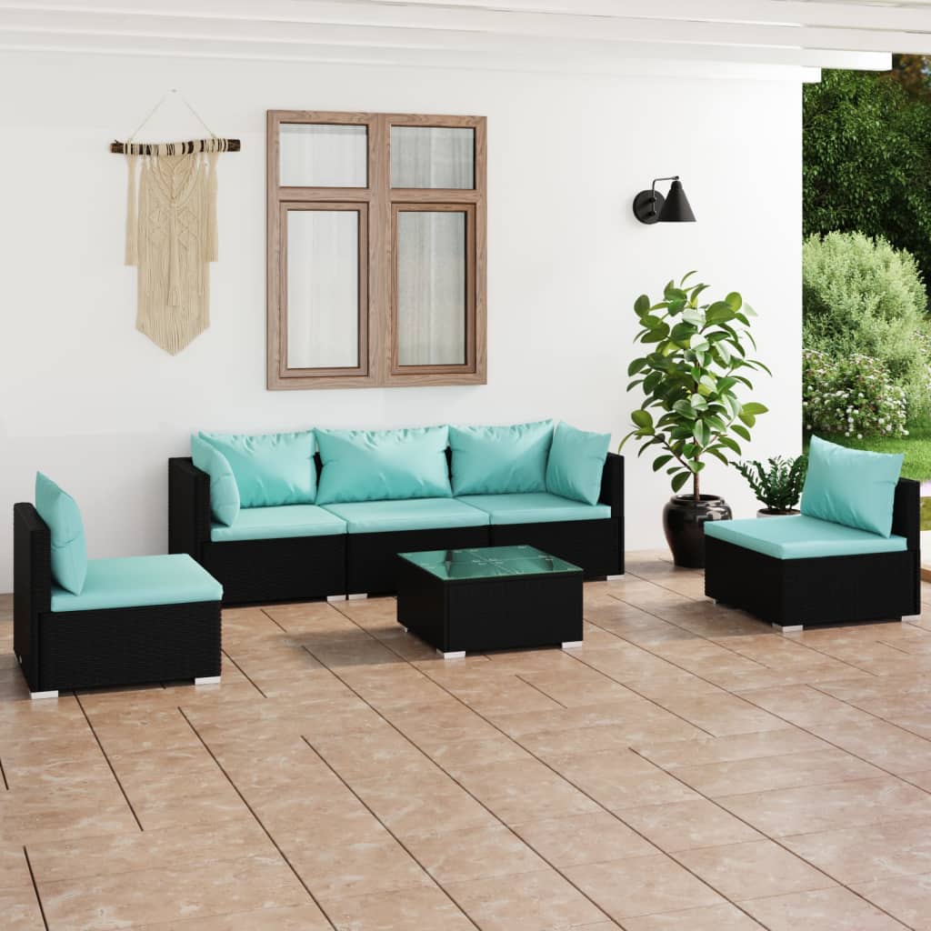 6-dijelna vrtna garnitura od poliratana s jastucima crna