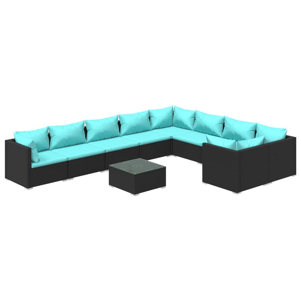 10-dijelna vrtna garnitura od poliratana s jastucima crna