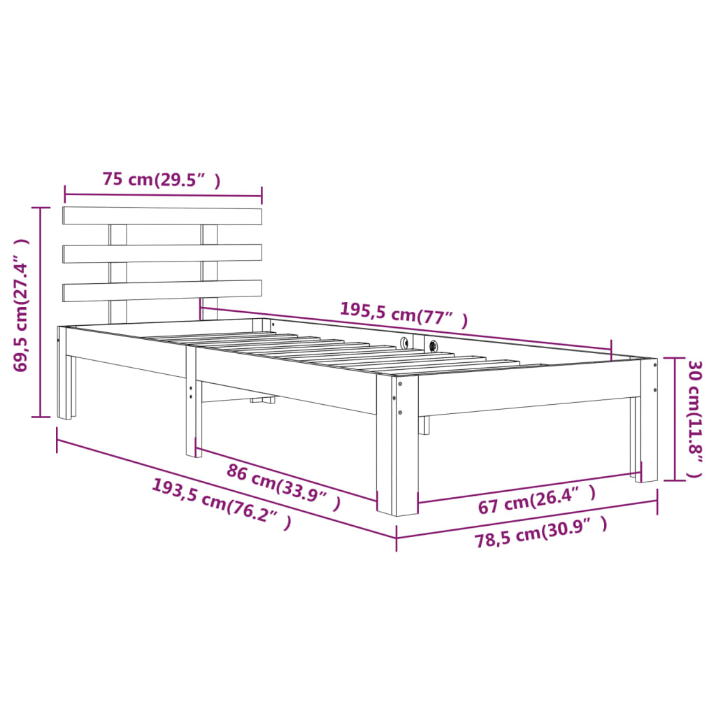 Okvir za krevet od masivnog drva 75 x 190 cm jednokrevetni