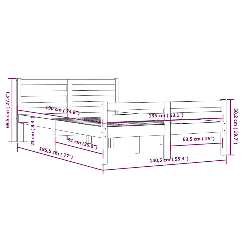 Okvir za krevet od masivnog drva bijeli 135x190 cm bračni