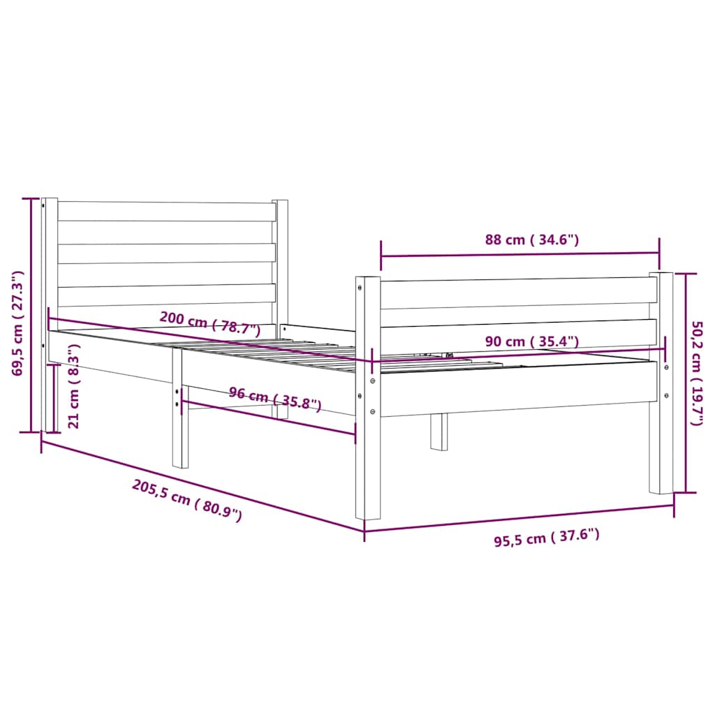 Okvir za krevet od masivnog drva 90 x 200 cm