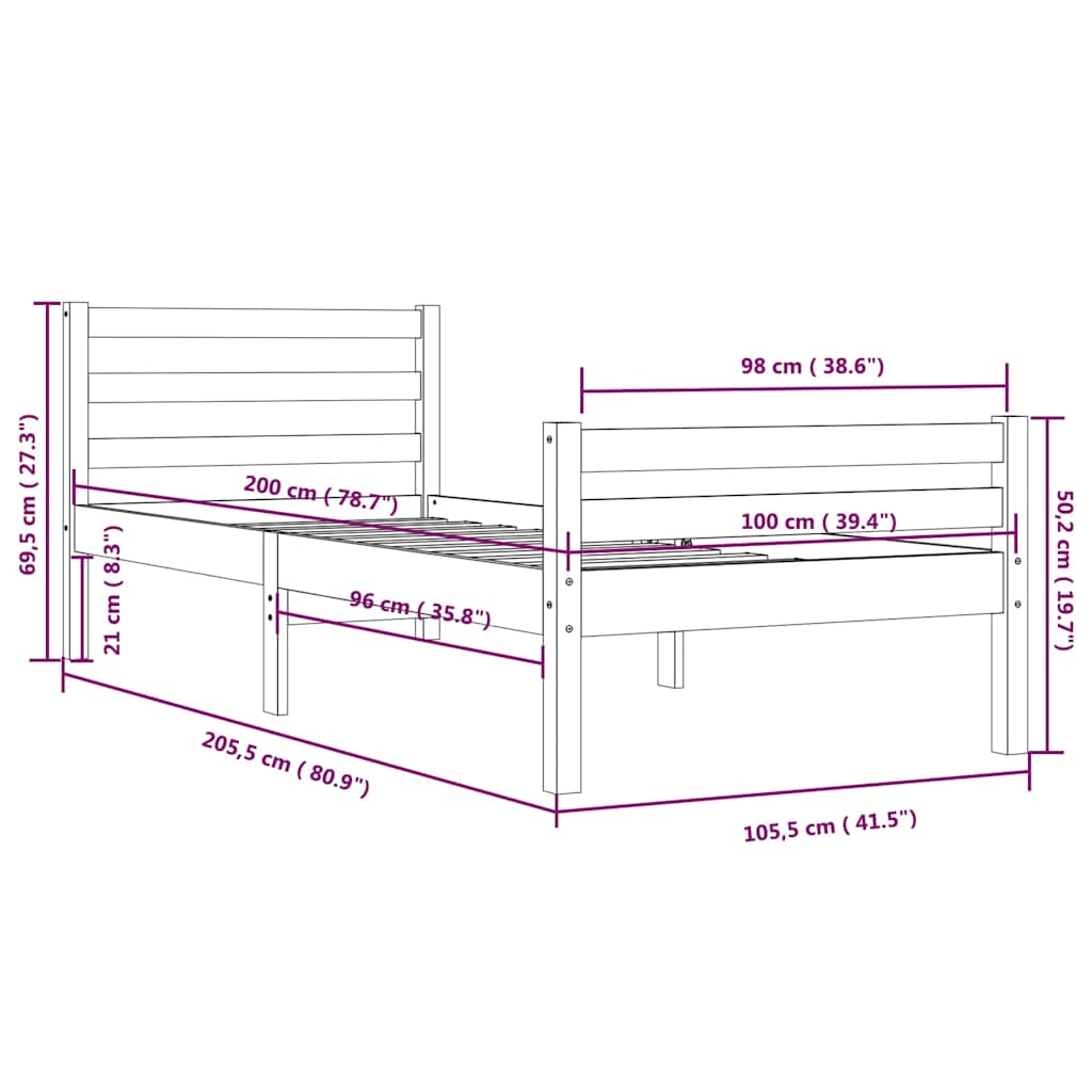 Okvir za krevet od masivnog drva sivi 100 x 200 cm