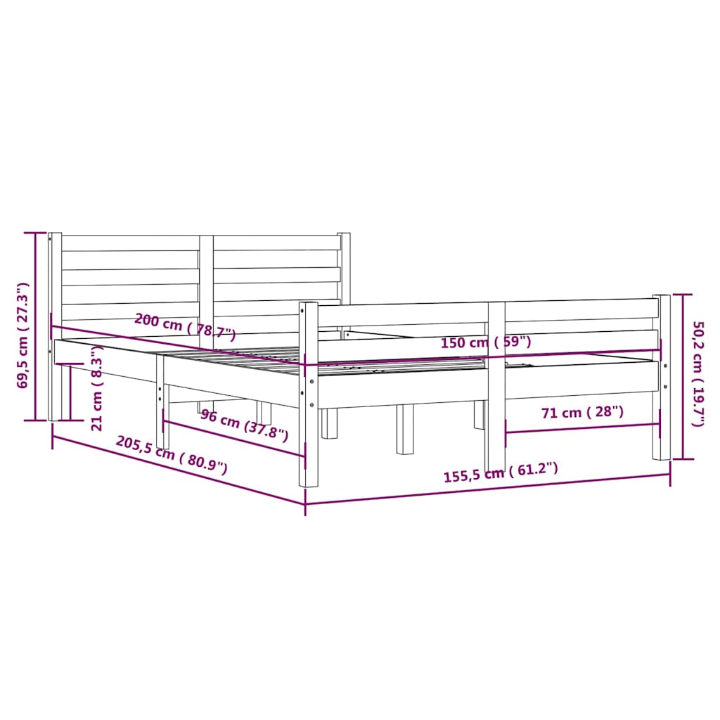 Okvir za krevet od masivne borovine bijeli 150 x 200 cm king