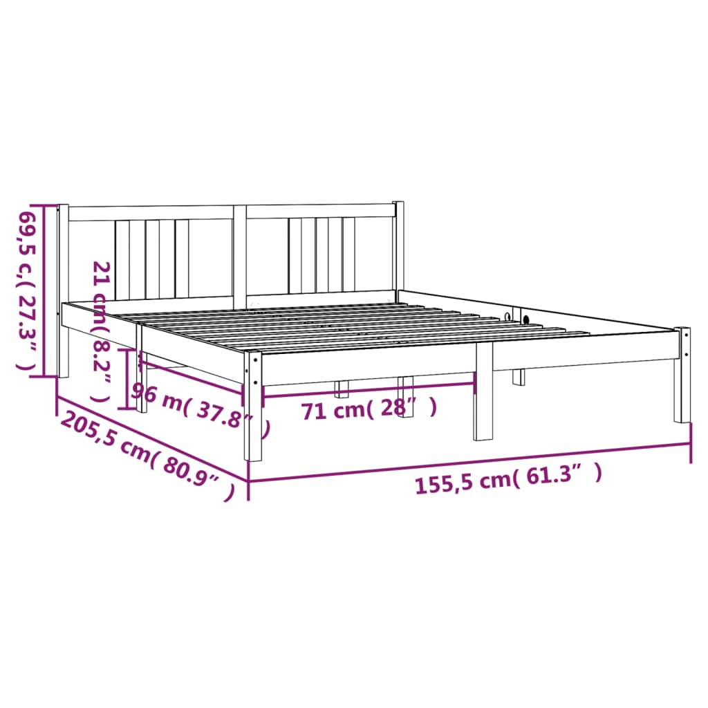 Okvir za krevet od masivnog drva crni 150 x 200 cm veliki