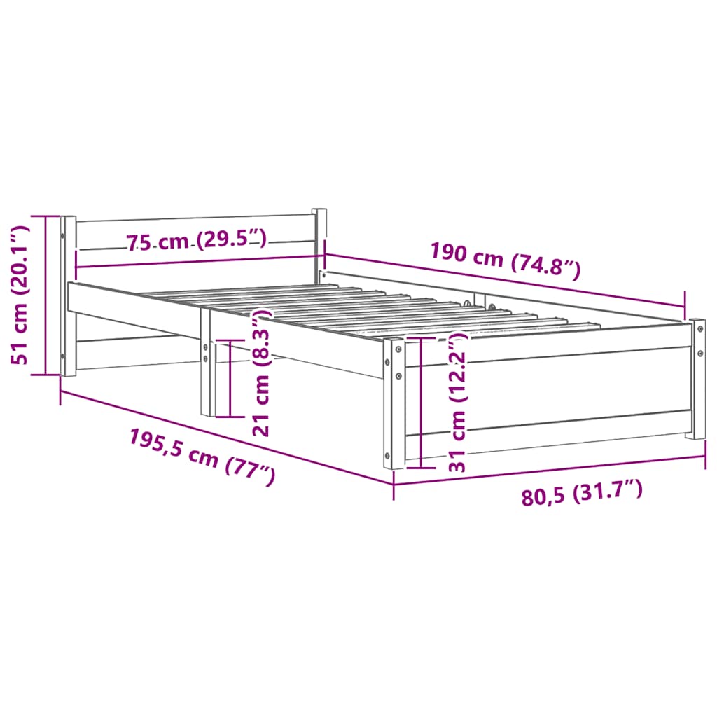 Okvir za krevet od masivnog drva 75 x 190 cm jednokrevetni