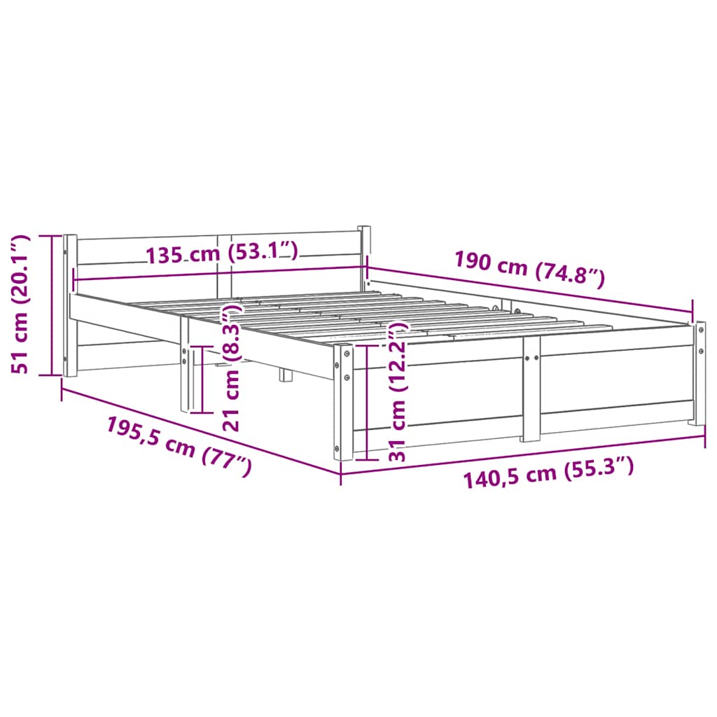 Okvir za krevet od masivnog drva crni 135 x 190 cm bračni