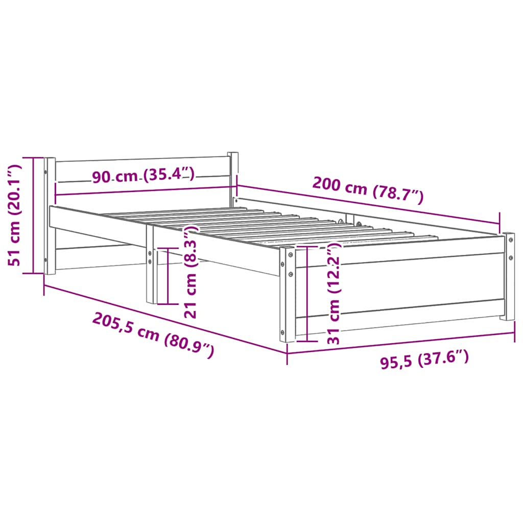 Okvir za krevet od masivnog drva 90 x 200 cm