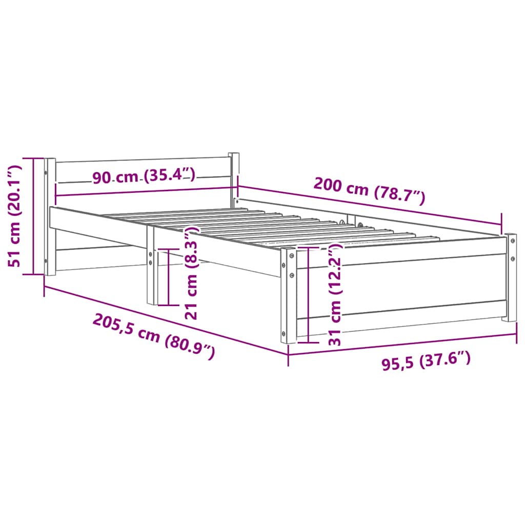 Okvir za krevet od masivnog drva crni 90 x 200 cm