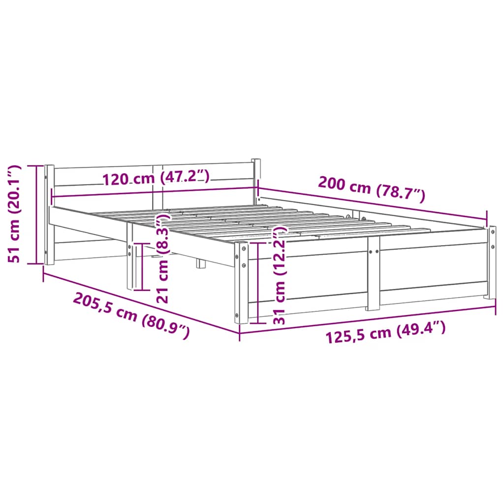 Okvir za krevet od masivnog drva bijeli 120 x 200 cm