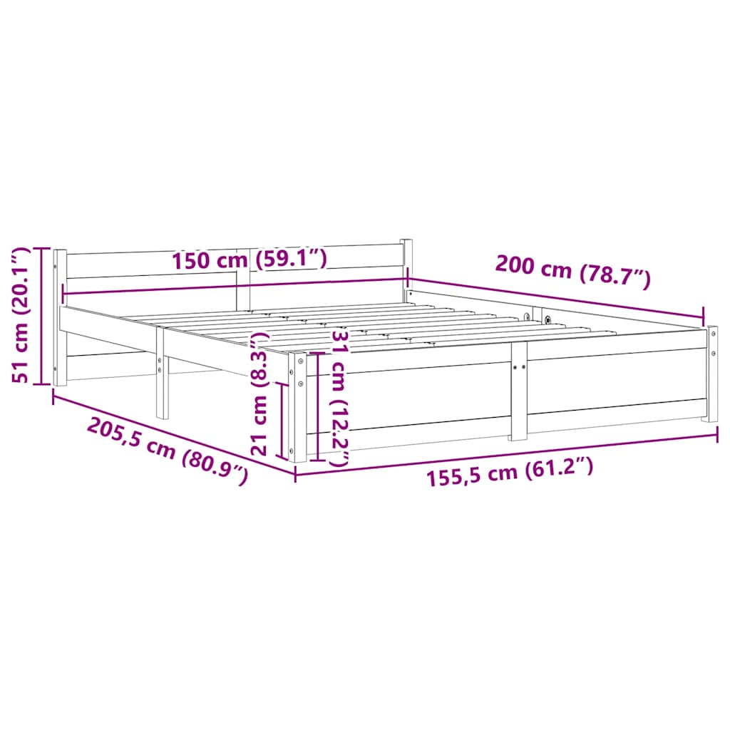 Okvir za krevet od masivnog drva crni 150 x 200 cm veliki