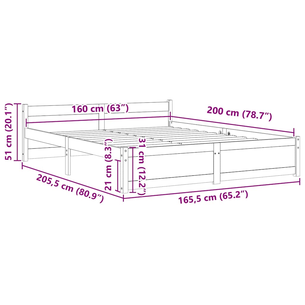 Okvir za krevet od masivnog drva bijeli 160 x 200 cm