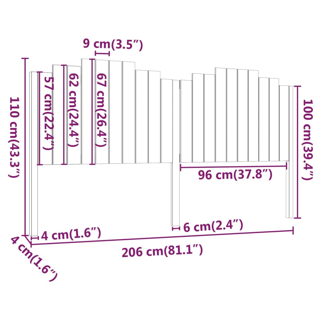 Uzglavlje za krevet crno 206 x 4 x 110 cm od masivne borovine