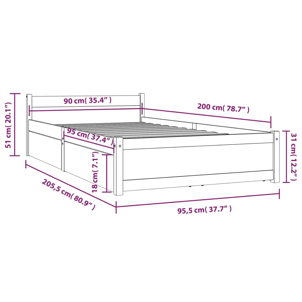 Okvir za krevet s ladicama 90 x 200 cm