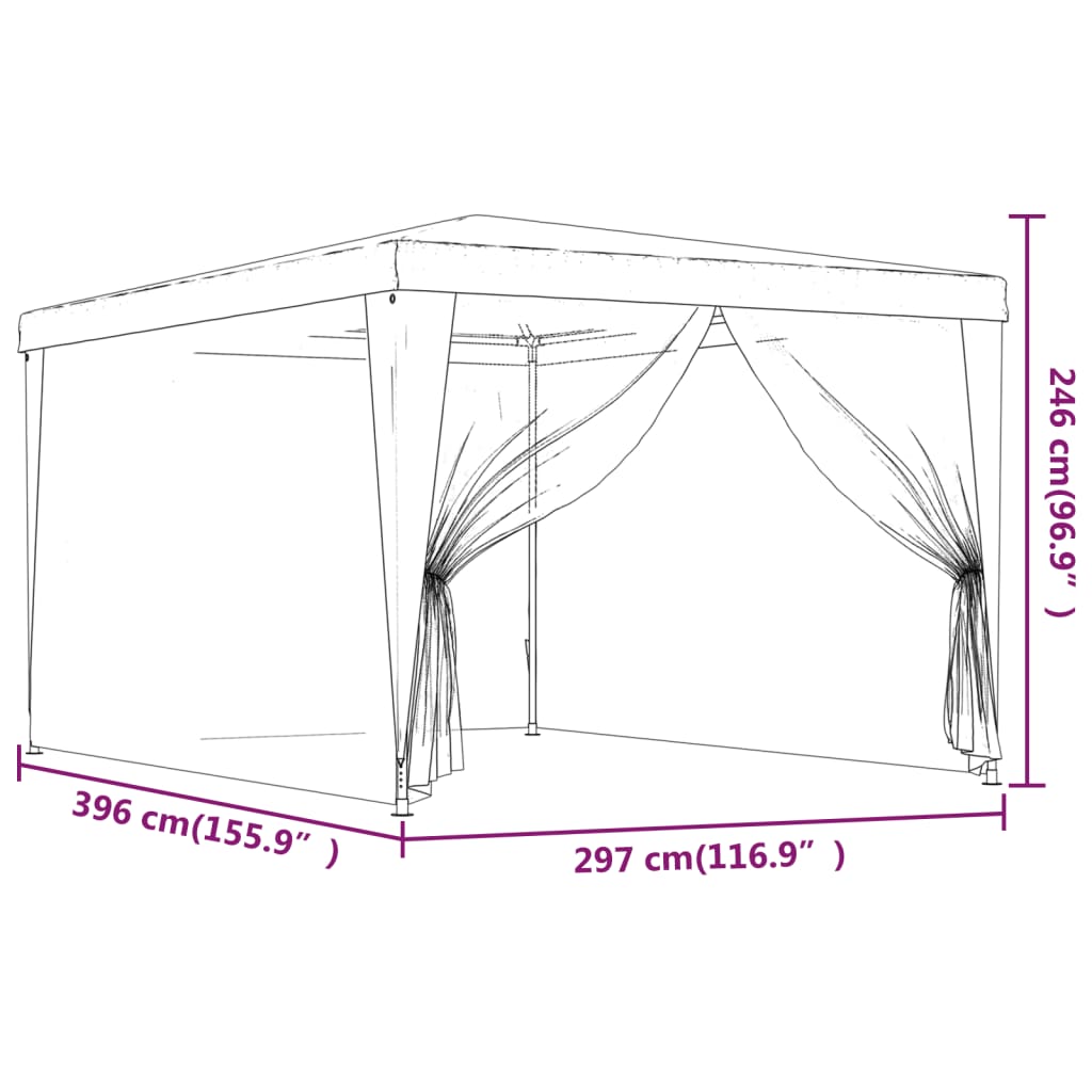 Šator za zabave s 4 mrežasta bočna zida crveni 3 x 4 m HDPE
