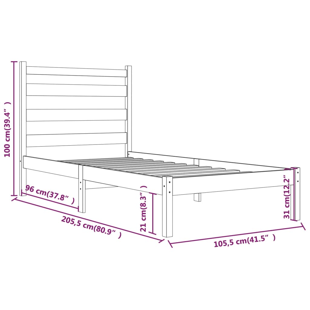 Okvir za krevet od masivne borovine bijeli 100 x 200 cm