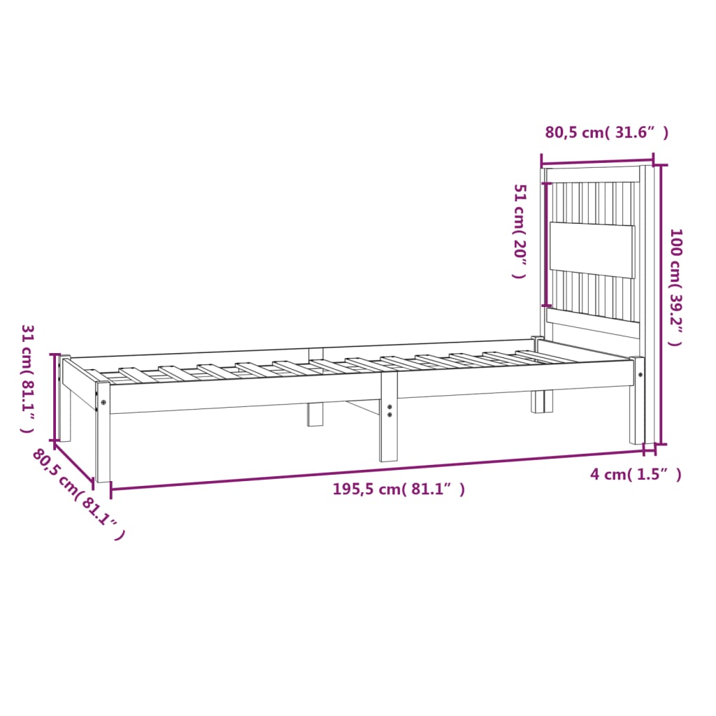 Okvir za krevet od borovine 75 x 190 cm mali jednokrevetni