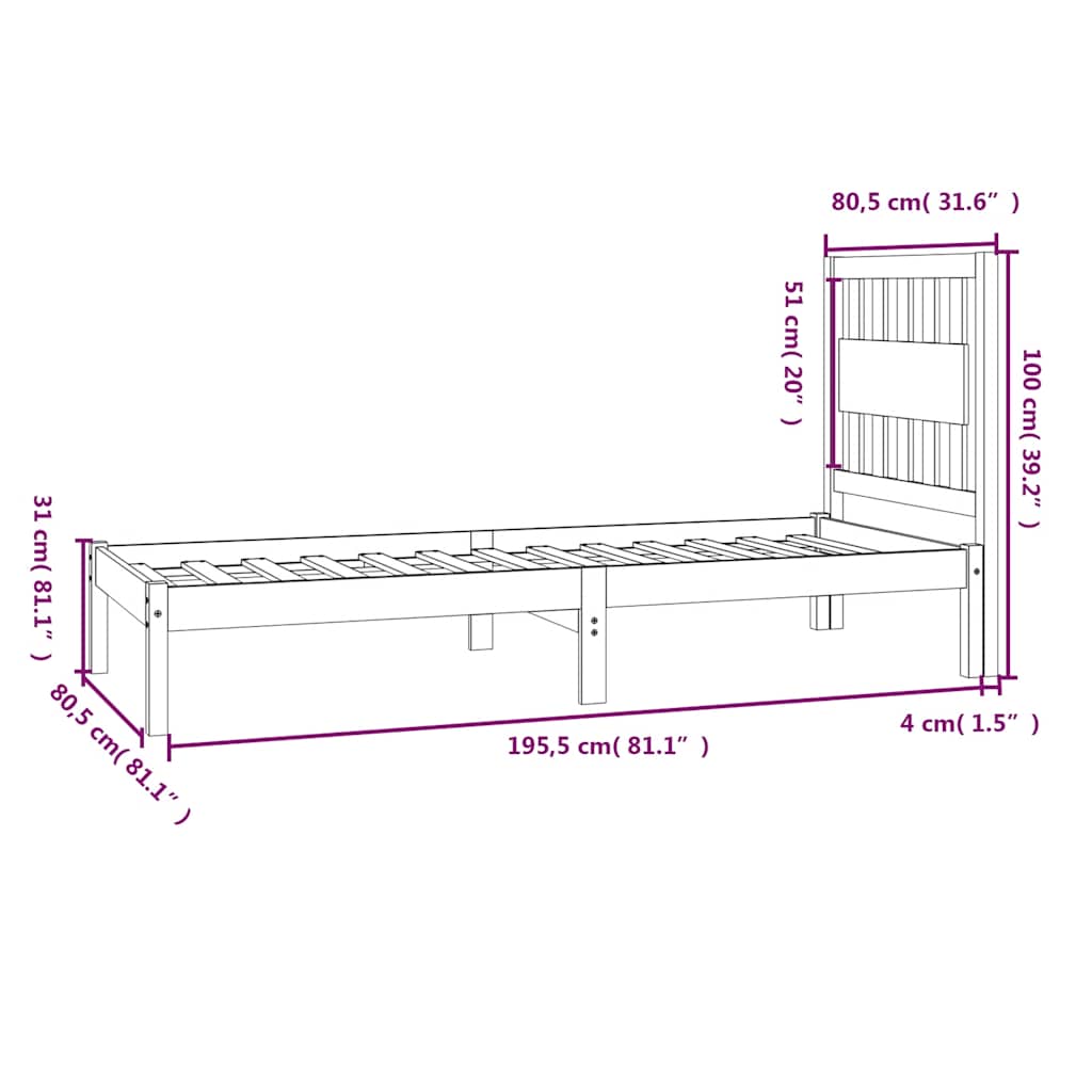 Okvir za krevet od borovine bijeli 75x190 cm jednokrevetni