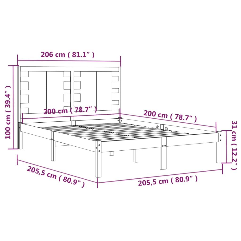 Okvir za krevet od masivne borovine crni 200 x 200 cm