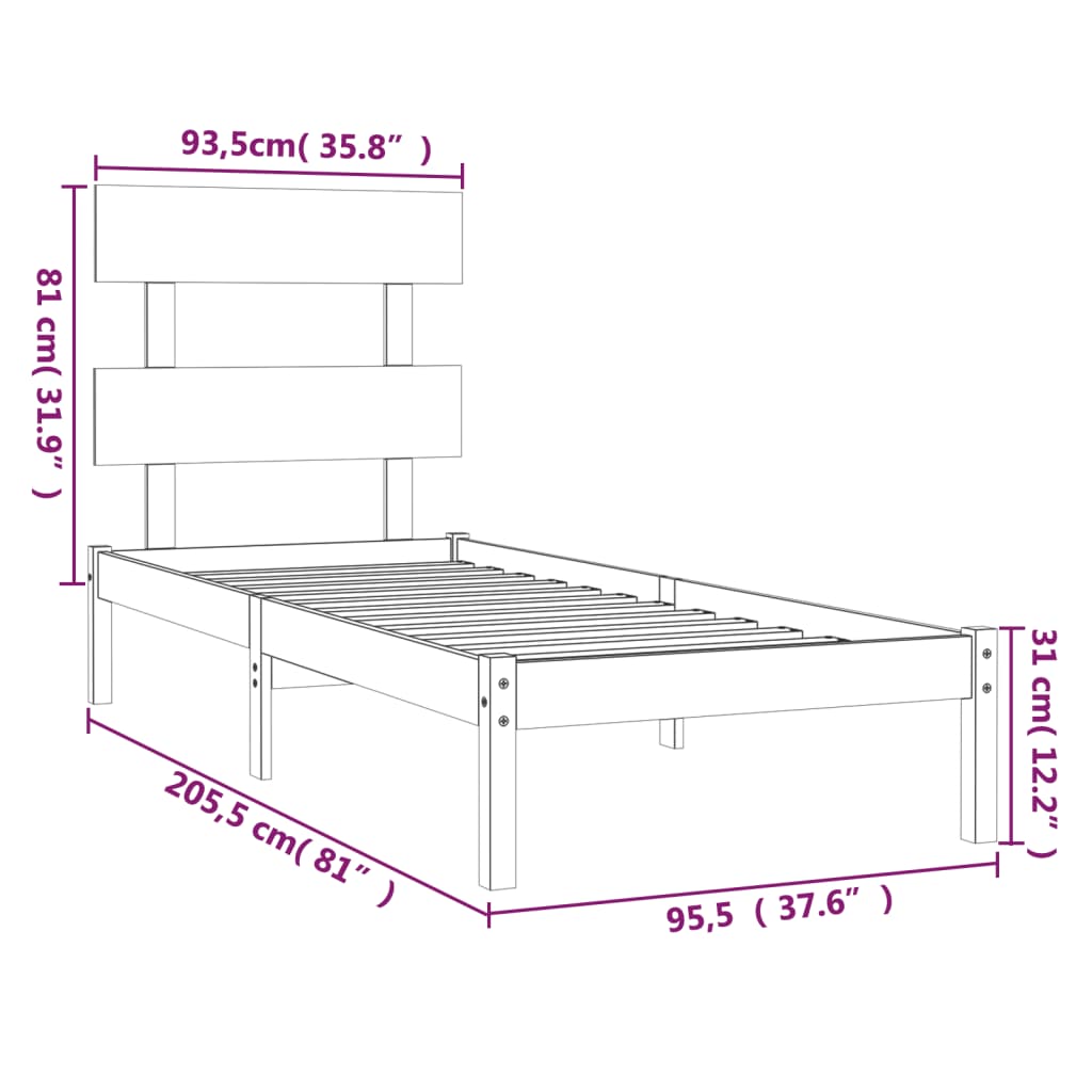 Okvir za krevet od masivne borovine bijeli 90 x 200 cm