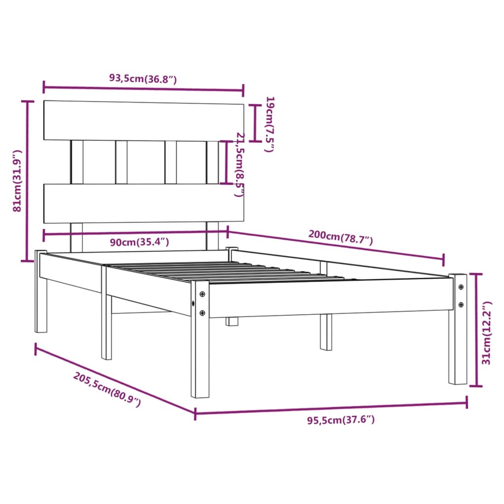 Okvir za krevet od masivnog drva 90 x 200 cm