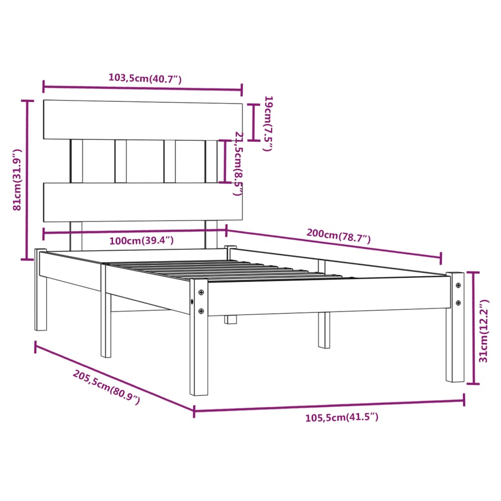 Okvir za krevet od masivnog drva crni 100 x 200 cm
