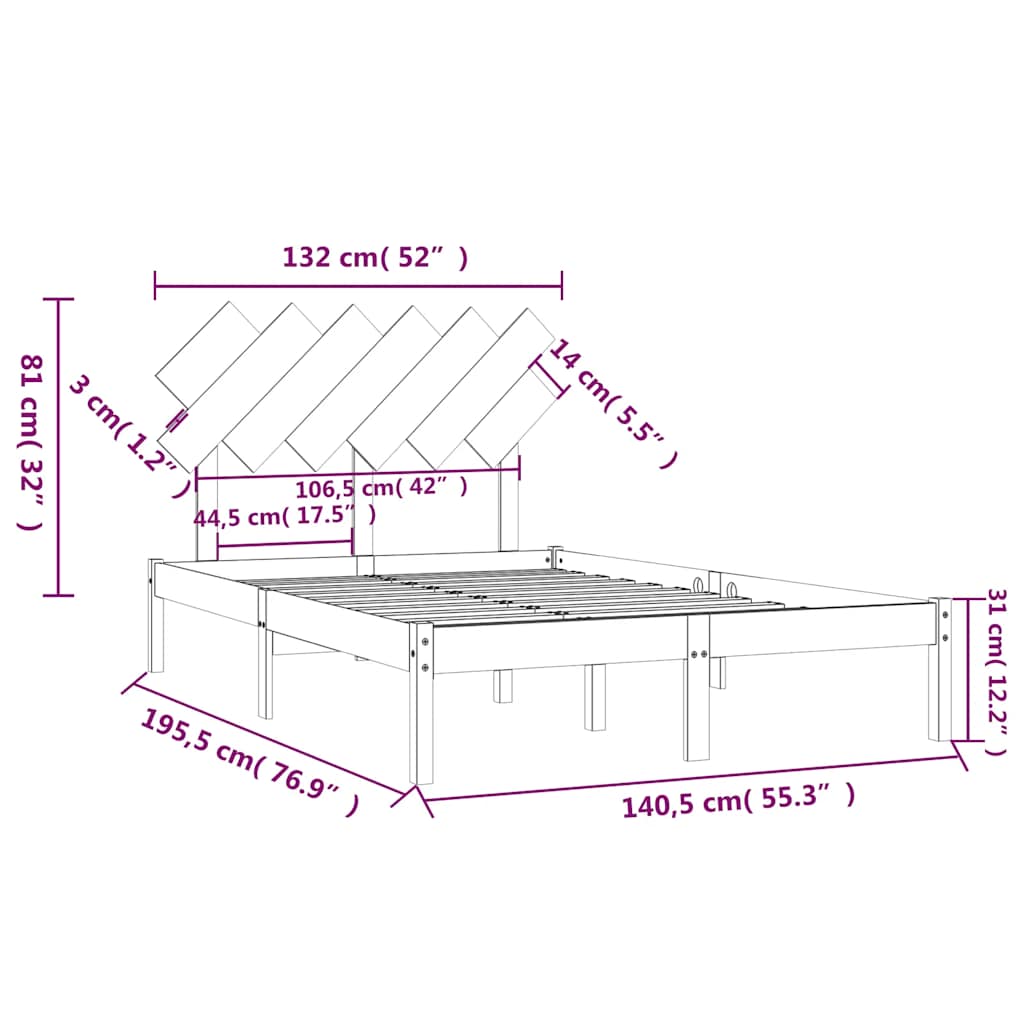 Okvir za krevet od masivnog drva crni 135 x 190 cm bračni