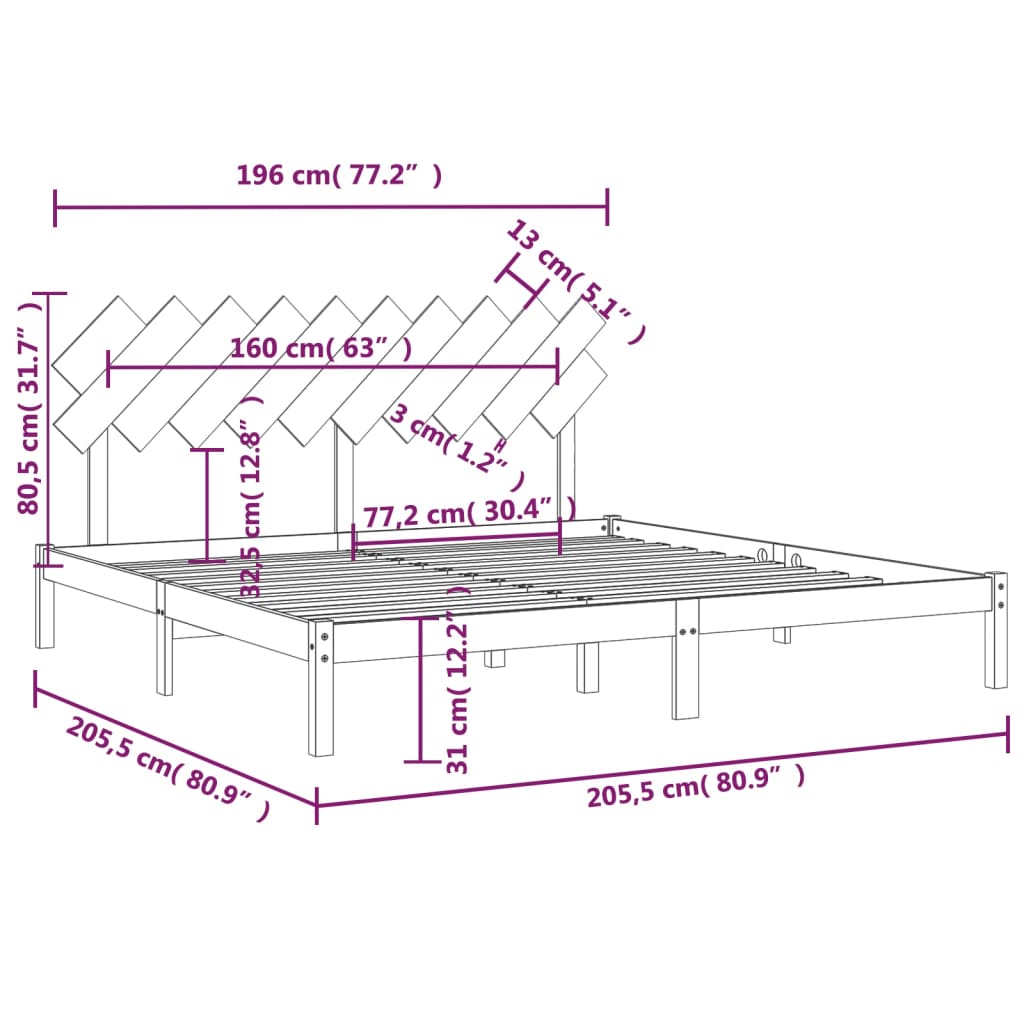 Okvir za krevet crni 200 x 200 cm od masivne borovine