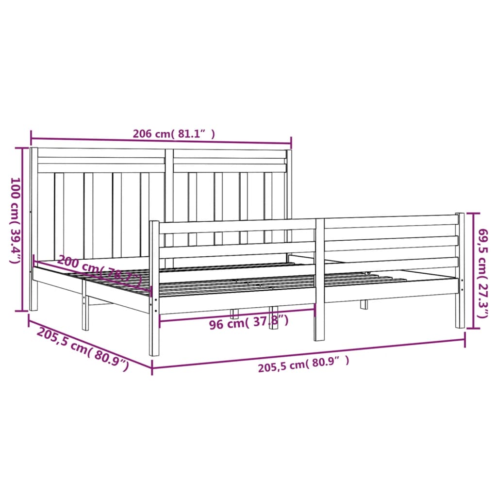 Okvir za krevet od masivnog drva sivi 200 x 200 cm