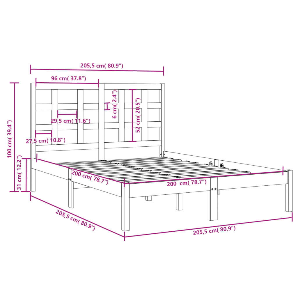 Okvir za krevet od masivne borovine crni 200 x 200 cm