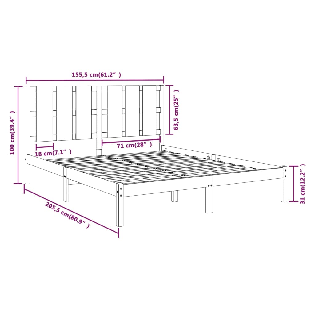 Okvir za krevet od masivnog drva crni 150 x 200 cm veliki
