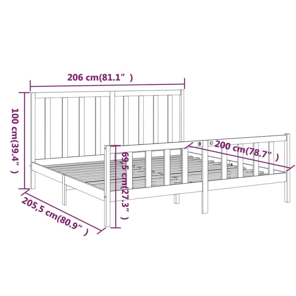 Okvir za krevet od masivne borovine crni 200 x 200 cm