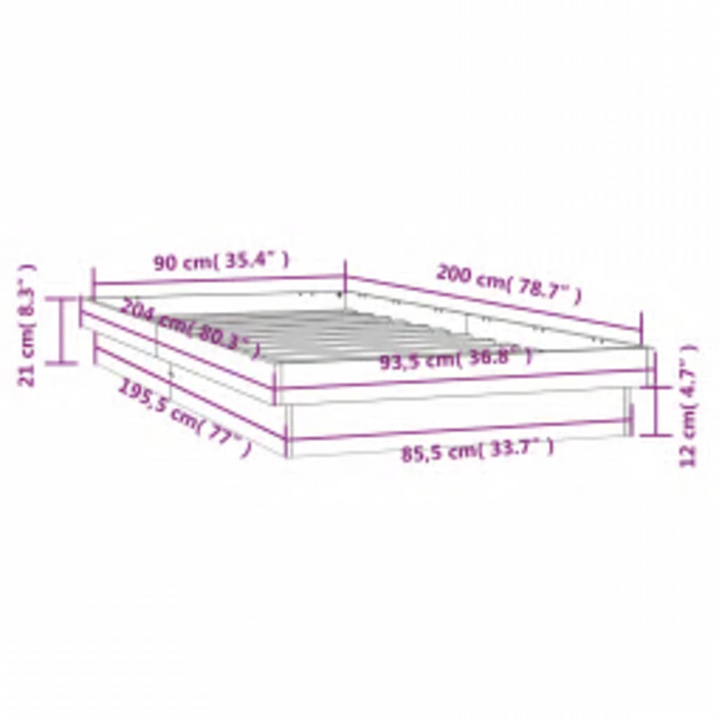 LED okvir za krevet bijeli 90 x 200 cm od masivnog drva