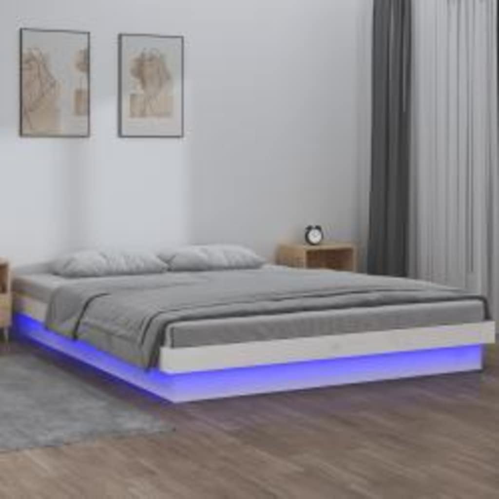 LED Okvir za krevet bijeli 140 x 200 cm od masivnog drva