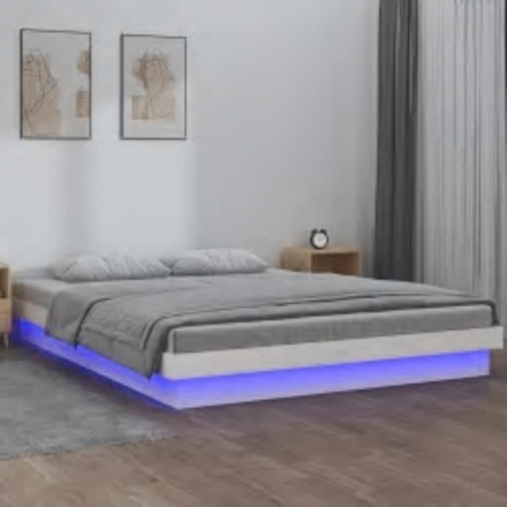 LED okvir za krevet bijeli 160 x 200 cm od masivnog drva
