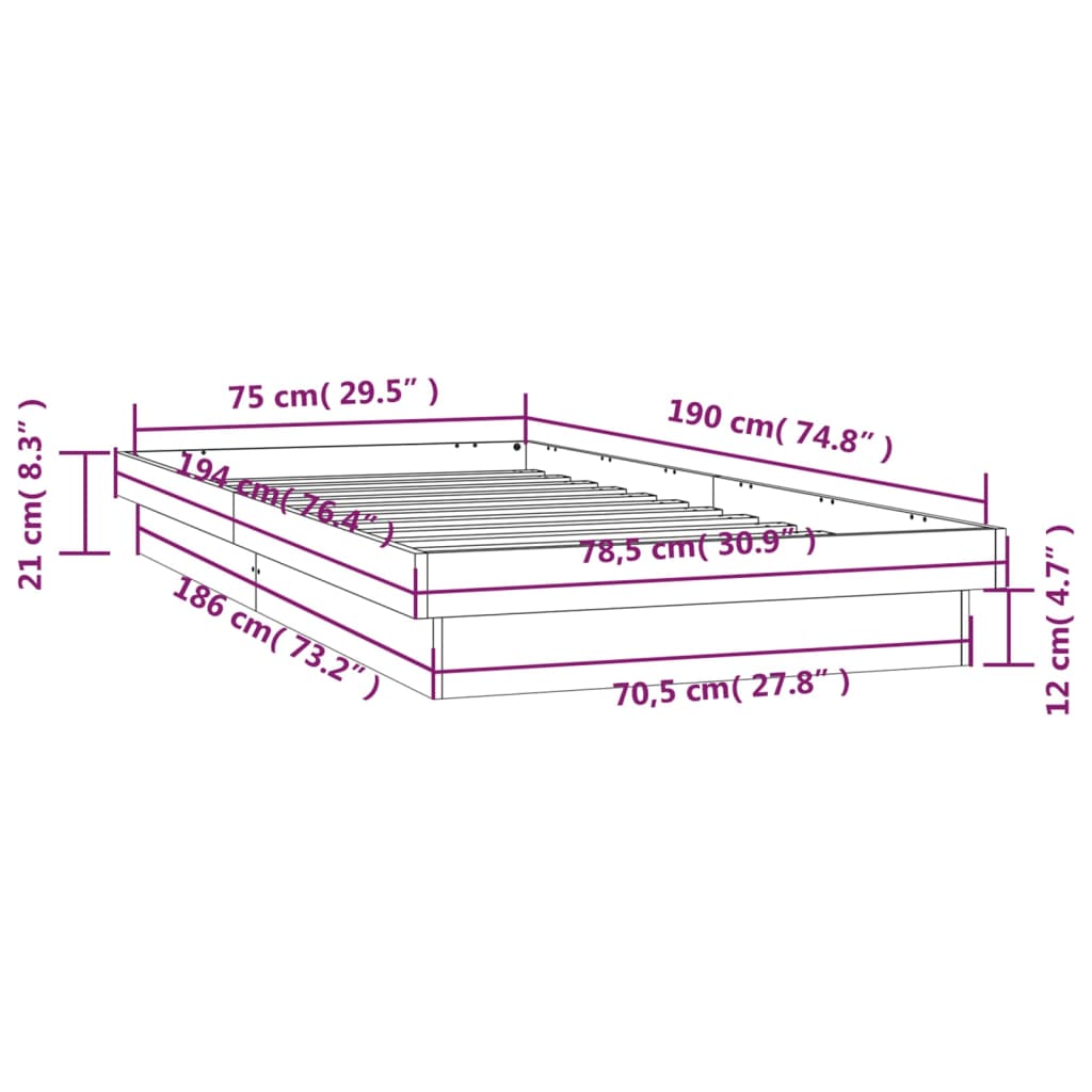 LED okvir kreveta 75 x 190 cm za jednu osobu od masivnog drva