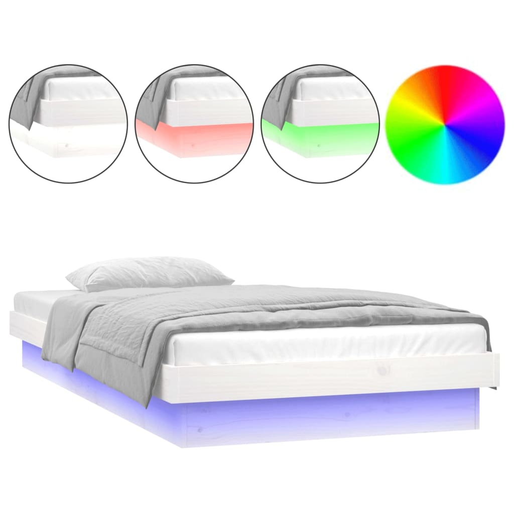 LED okvir kreveta bijeli 90 x 190 cm mali od masivnog drva