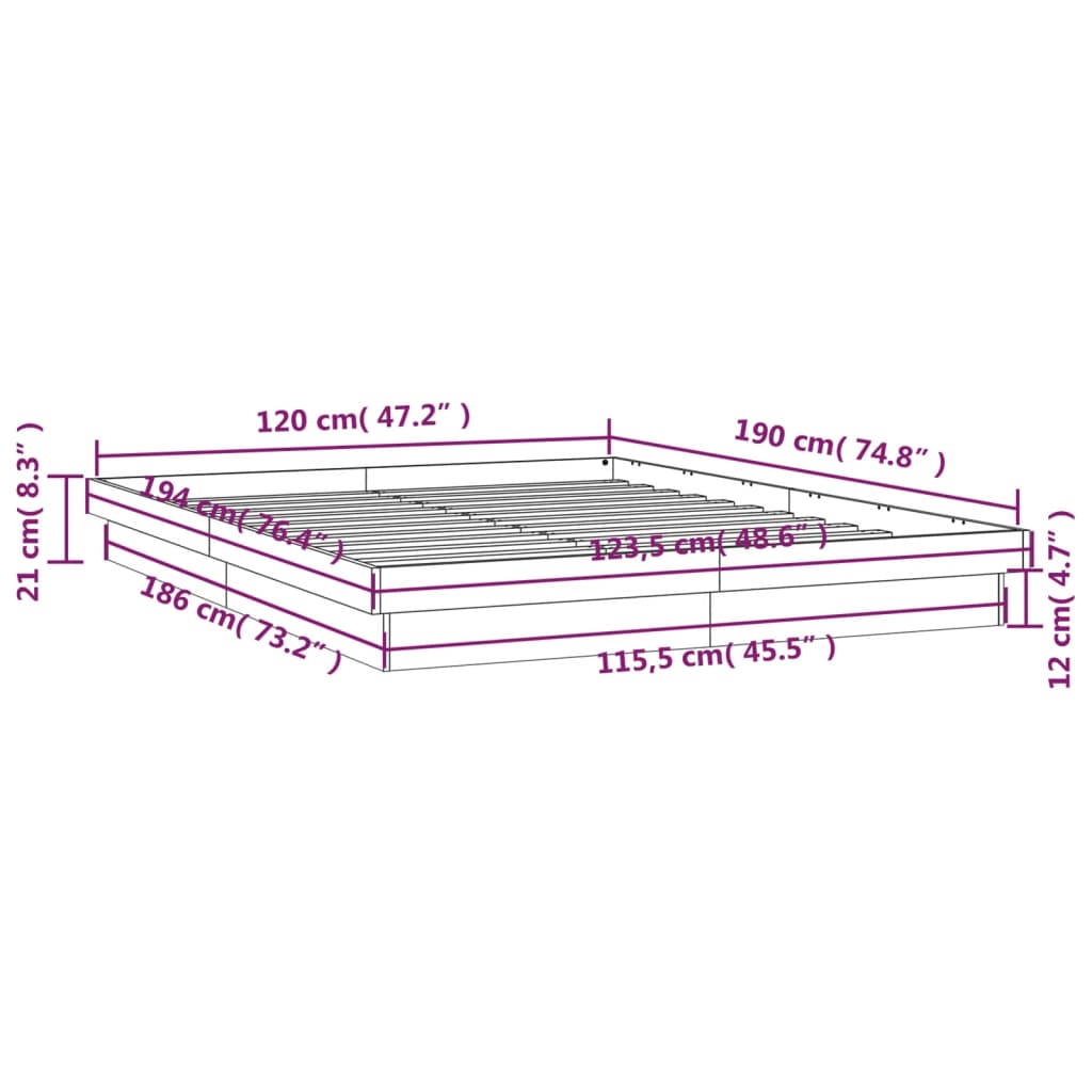 LED okvir kreveta 120 x 190 cm mali bračni od masivnog drva
