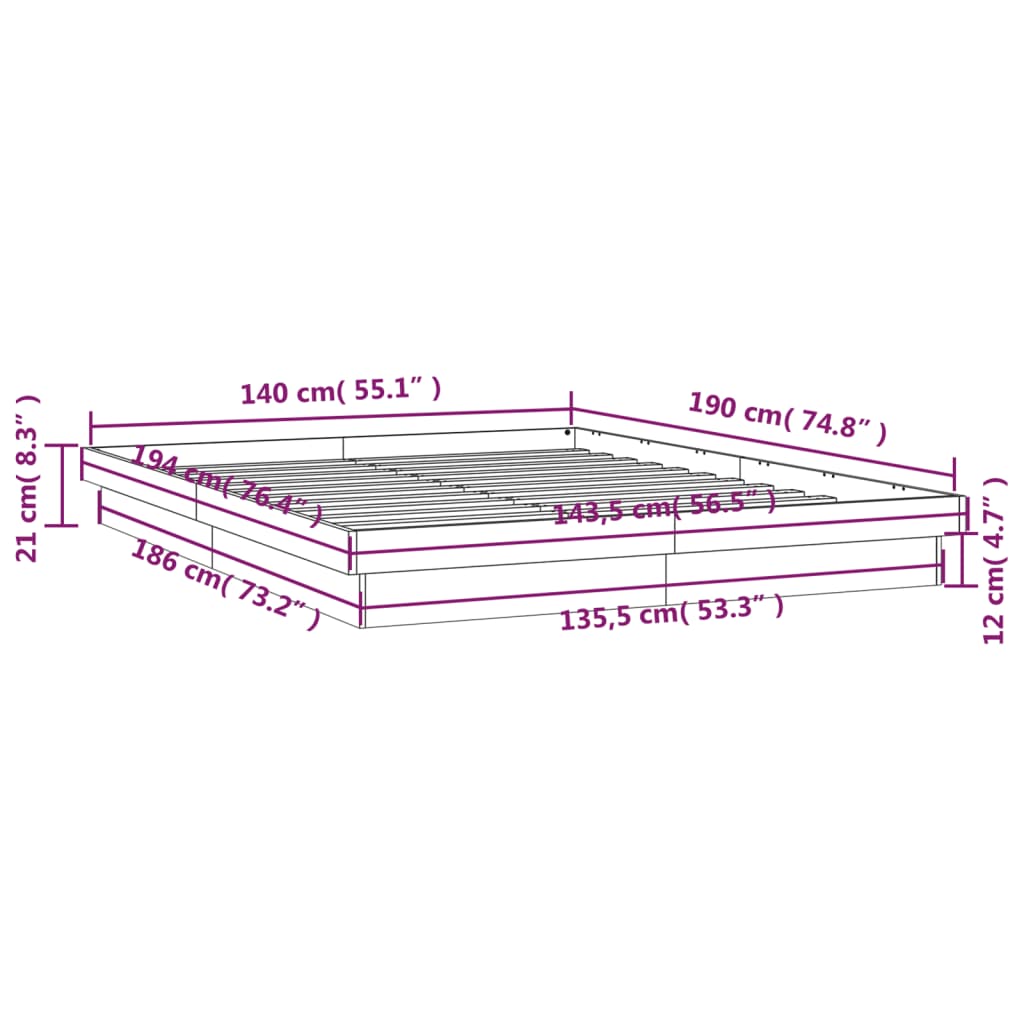 LED okvir za krevet bijela 140 x 190 cm od masivnog drva