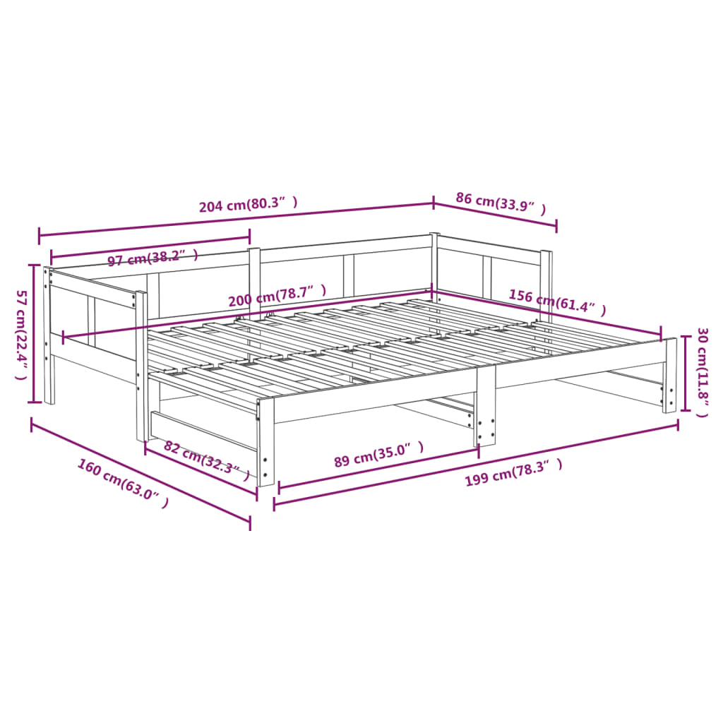 Dnevni krevet na izvlačenje masivna borovina 2x(80x200) cm