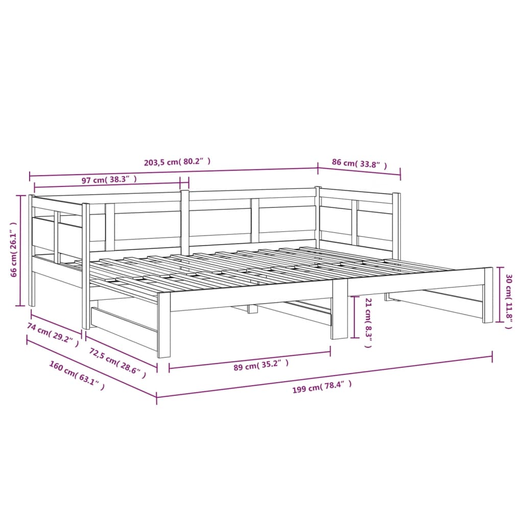 Dnevni ležaj na izvlačenje crni 2x (80x200) cm masivna borovina