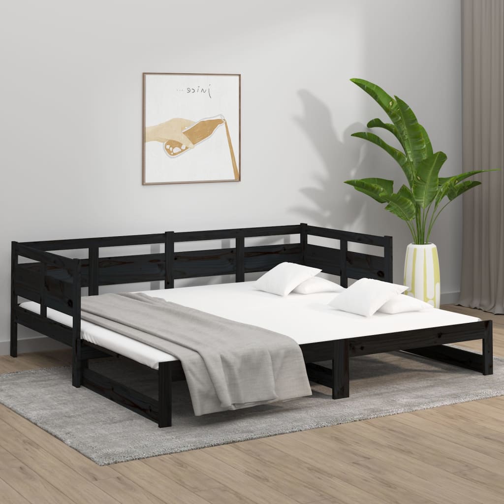 Dnevni ležaj na izvlačenje crni 2x(90x190) cm masivna borovina