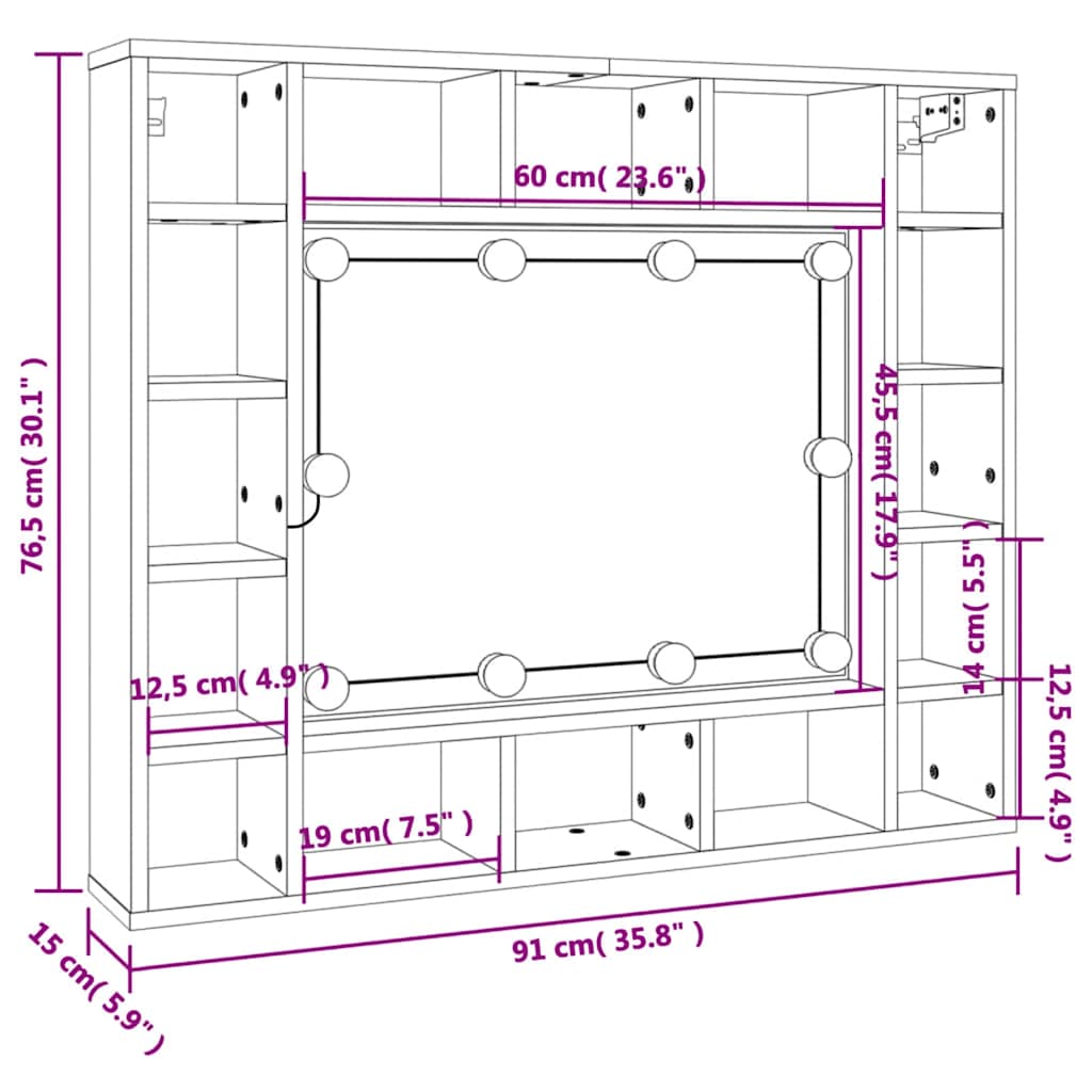 Ormarić s ogledalom LED boja dimljenog hrasta 91x15x76,5 cm