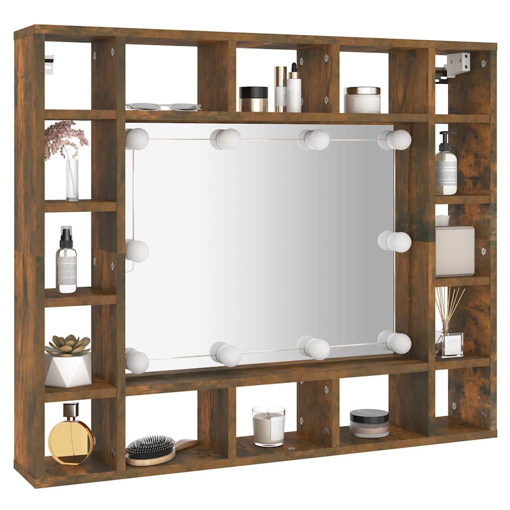 Ormarić s ogledalom LED boja dimljenog hrasta 91x15x76,5 cm