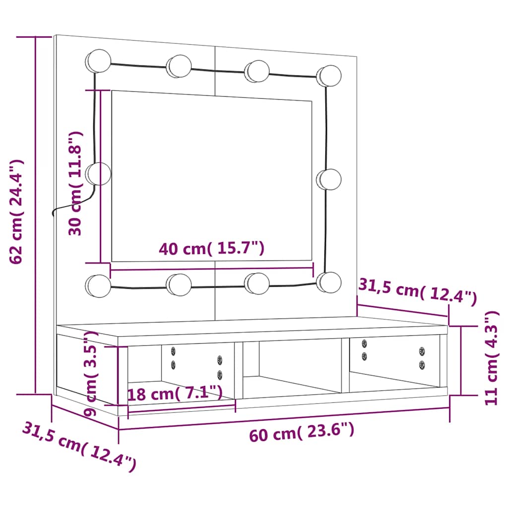 Ormarić s ogledalom LED boja smeđeg hrasta 60 x 31,5 x 62 cm