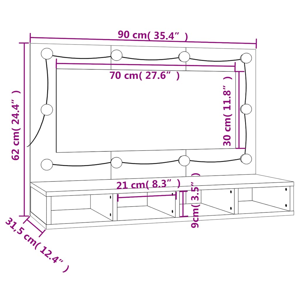 Ormarić s ogledalom LED boja dimljenog hrasta 90 x 31,5 x 62 cm