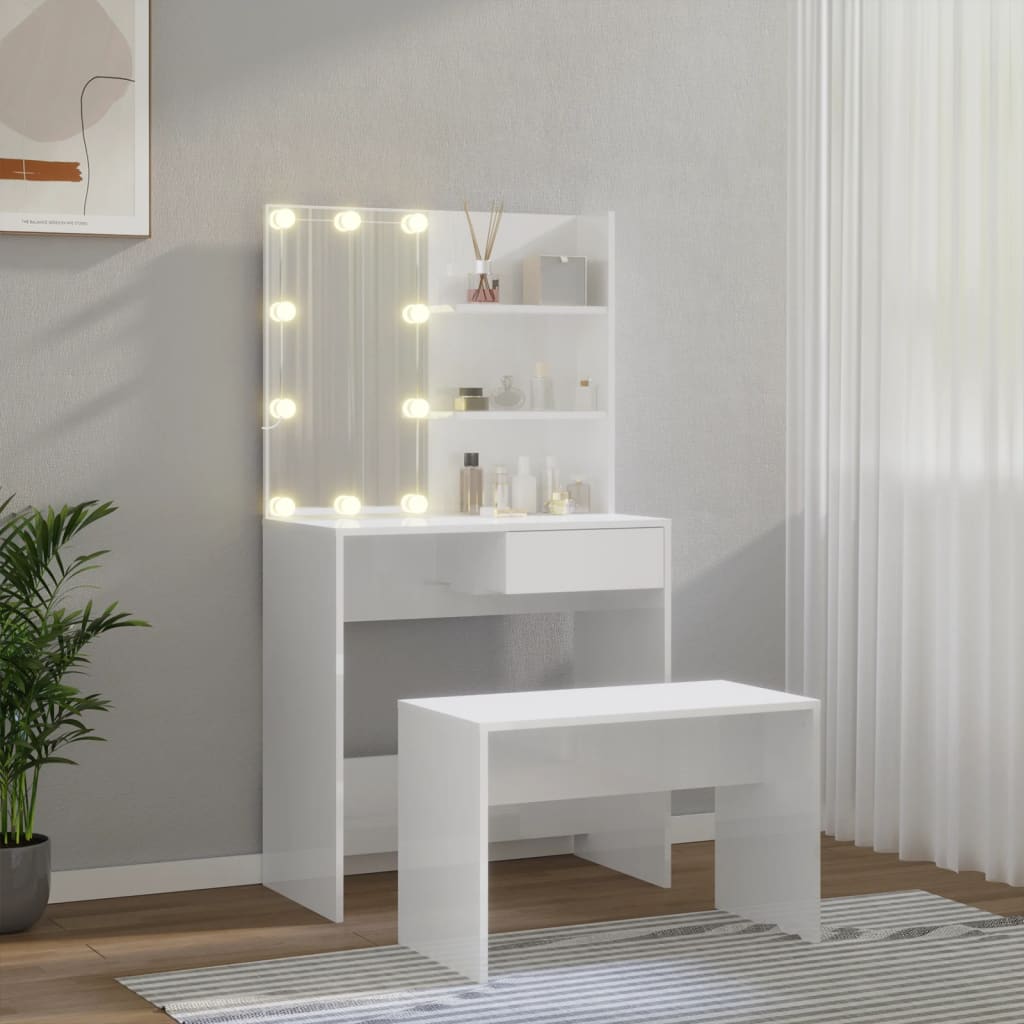 Set toaletnog stolića LED sjajni bijeli od konstruiranog drva
