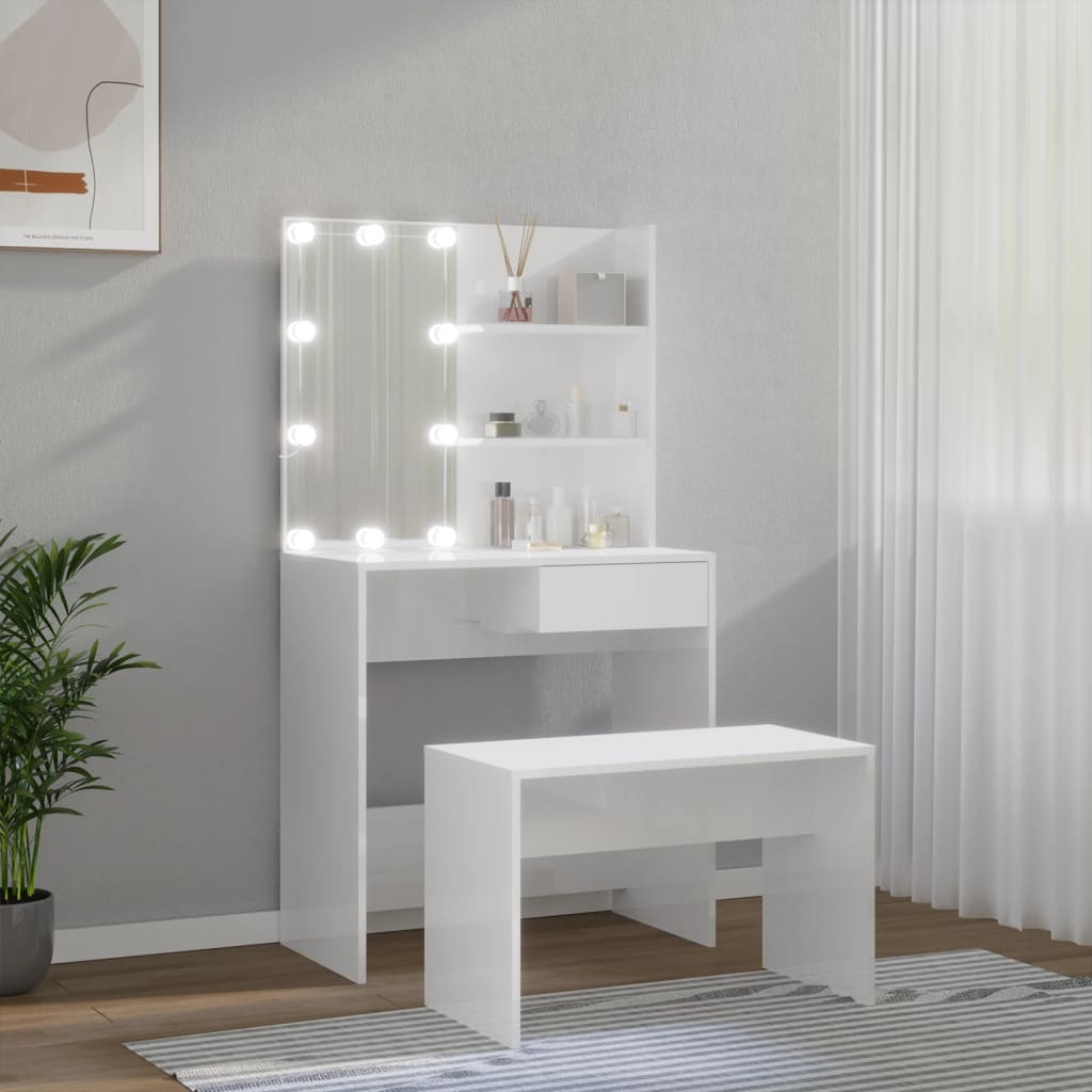 Set toaletnog stolića LED sjajni bijeli od konstruiranog drva