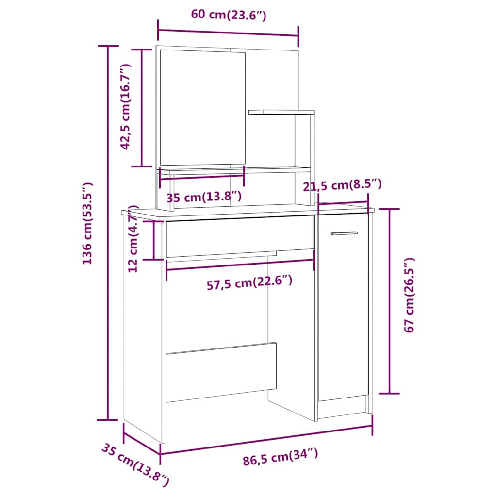 Set toaletnog stolića sjajni bijeli 86,5x35x136 cm